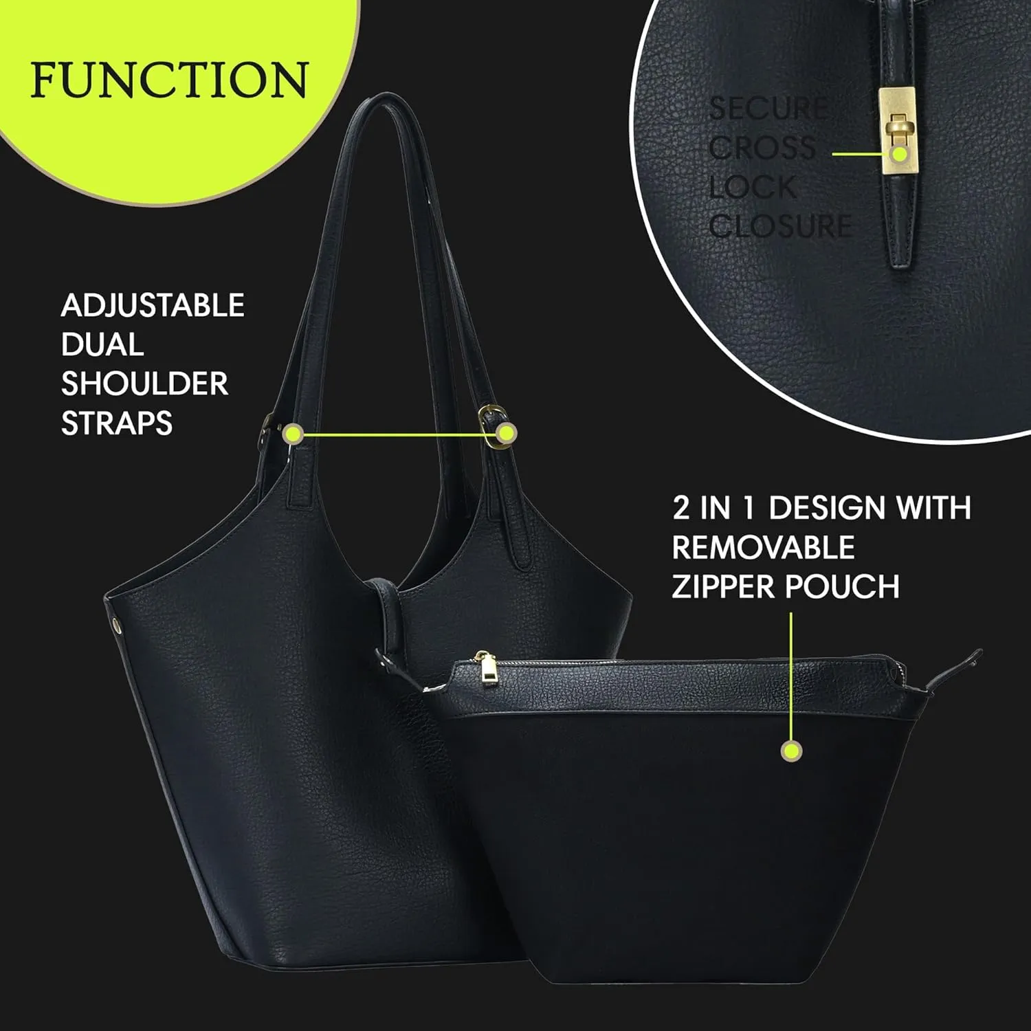 Miztique - Isabelle 2 in 1 Scoop Neck Tote | Vegan Leather Tote Bag for women with secure removable zipper pouch|