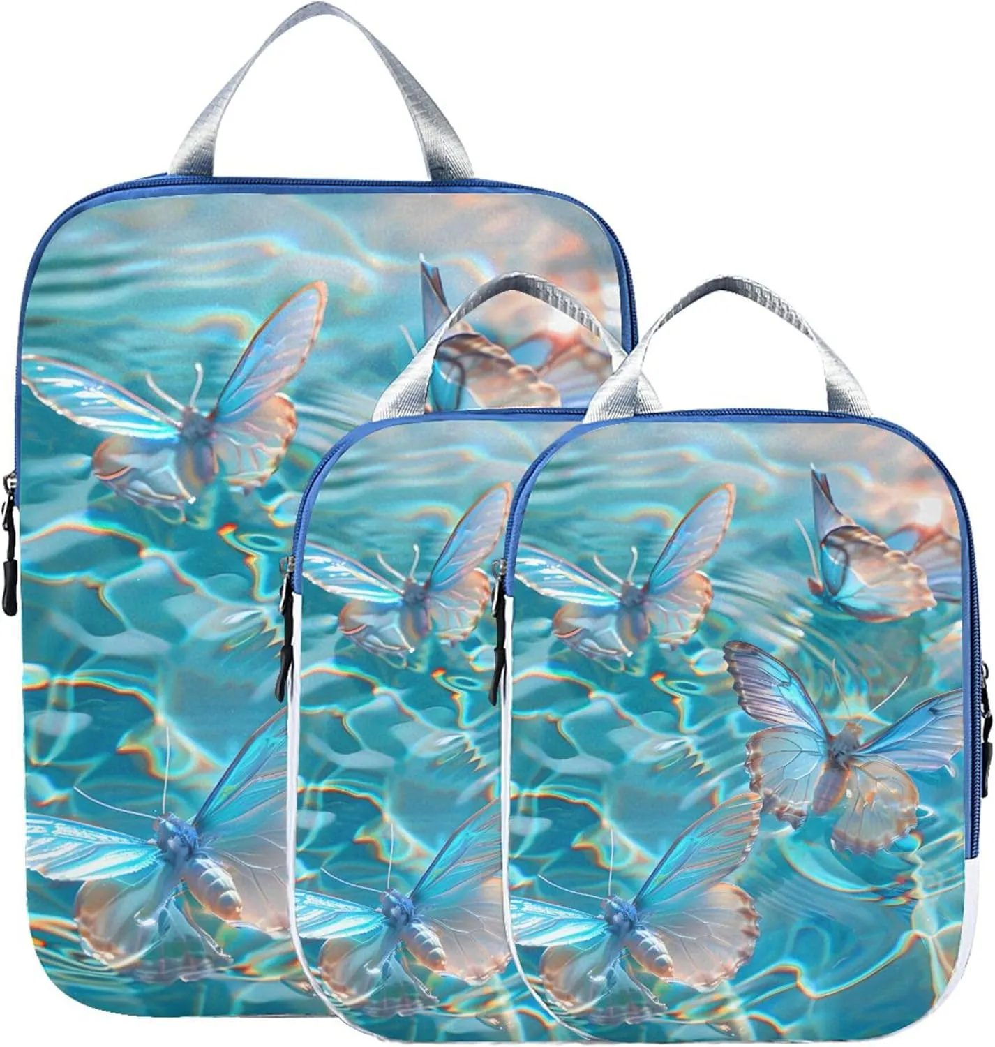 MNSRUU Packing Cubes Magic Clear Water Transparent Butterflies Dance Compression Luggage Cubes Packing Bags Travel Organizer for Suitcases, 3 PCS