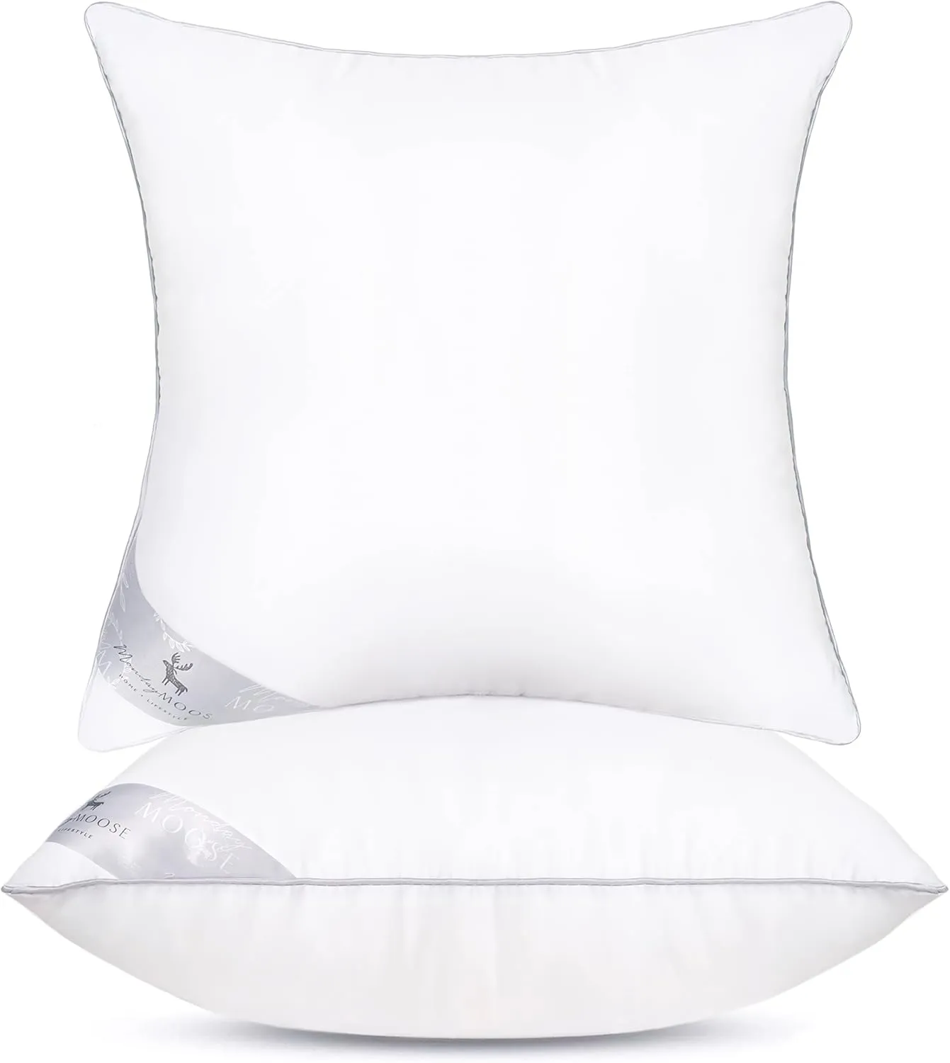 MONDAY MOOSE Throw Pillow Inserts, Set of 2 White Soft Microfiber Piping Designs, Square Pillows for Bed, Couch, Sofa (2-Pack, 18x18 inch)