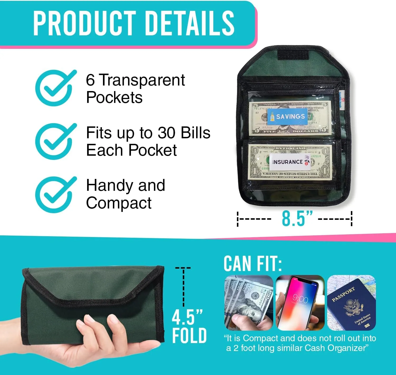 Money Organizer for Cash, Money Wallet Organizer for Cash, 6 Zippered Pocket Multipack Pouch, Money Envelopes for Cash, Cash Organizer for Budgeting, Cash Savings Organizer (Green)