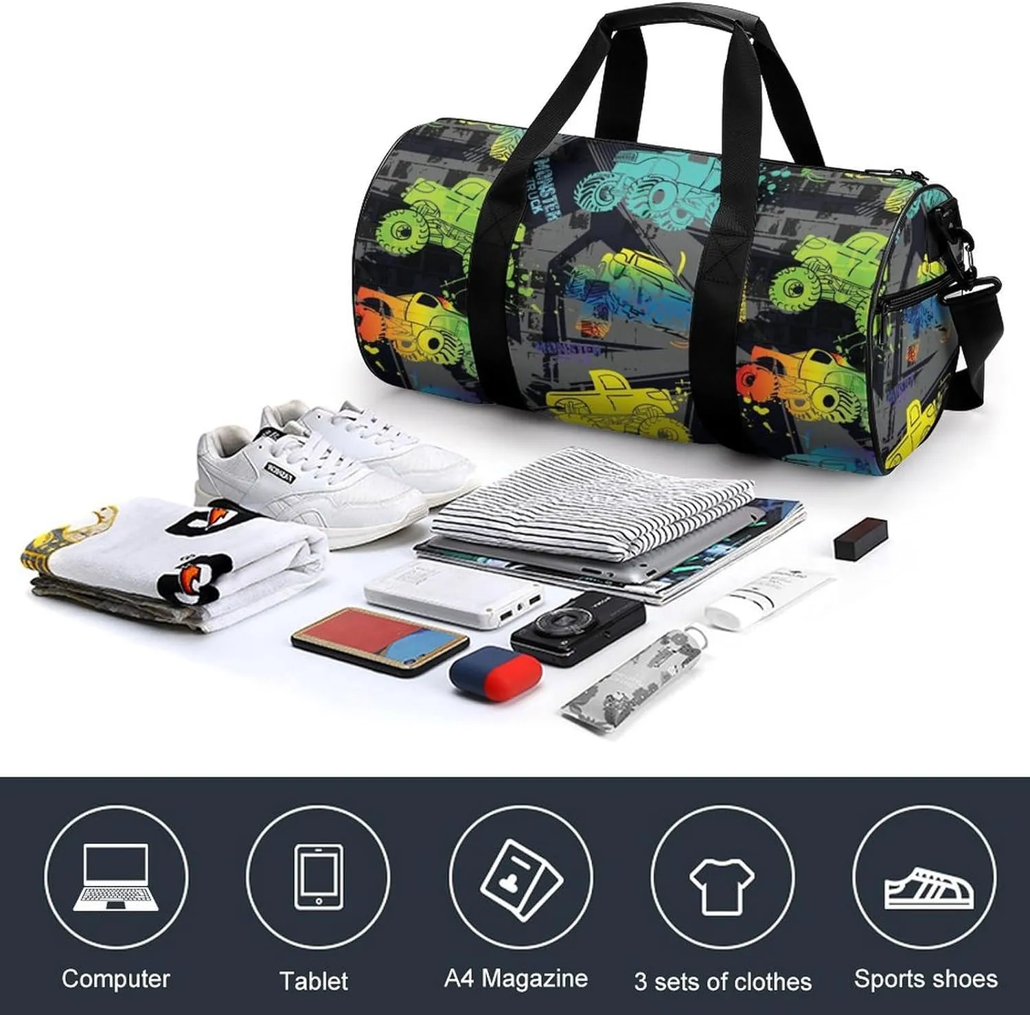 Monster Truck Cars Duffelbag Outdoor Tote Bag Cylindrical Duffelbags Picnic Bags Gym Satchel Durable Handbag Convertible Duffle 17.7in/9in/9in