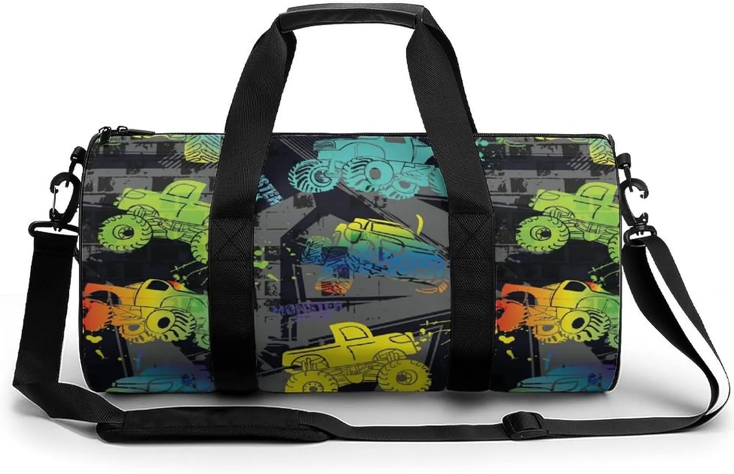Monster Truck Cars Duffelbag Outdoor Tote Bag Cylindrical Duffelbags Picnic Bags Gym Satchel Durable Handbag Convertible Duffle 17.7in/9in/9in