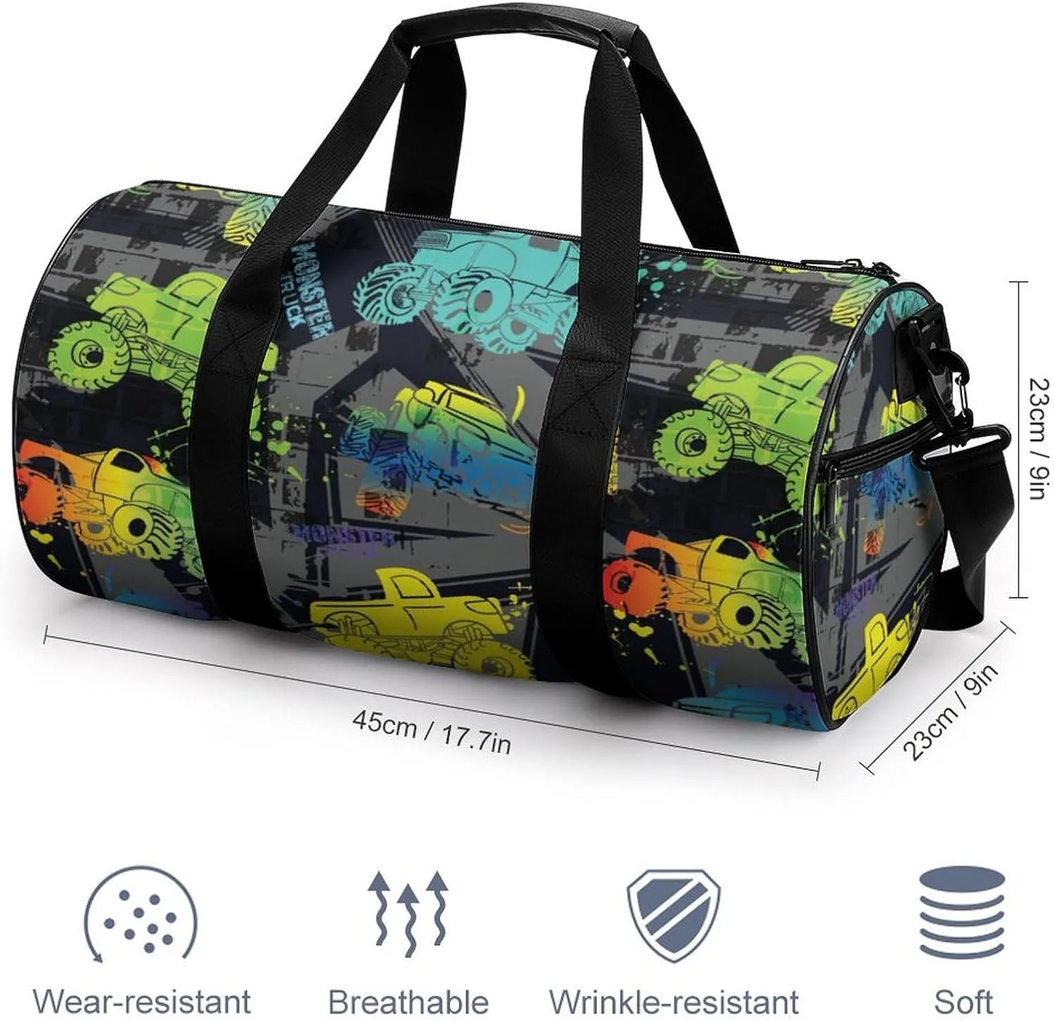 Monster Truck Cars Duffelbag Outdoor Tote Bag Cylindrical Duffelbags Picnic Bags Gym Satchel Durable Handbag Convertible Duffle 17.7in/9in/9in