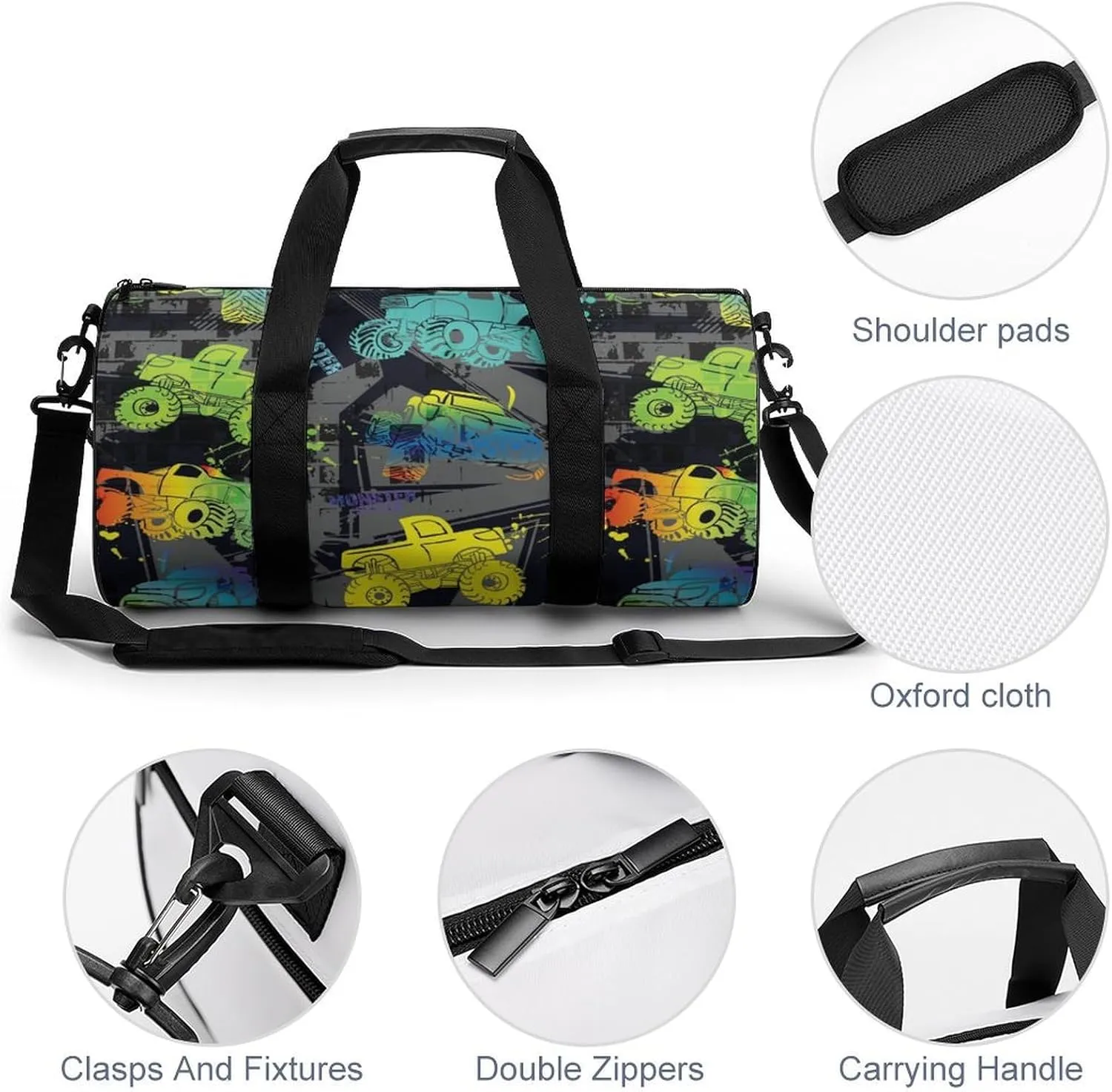 Monster Truck Cars Duffelbag Outdoor Tote Bag Cylindrical Duffelbags Picnic Bags Gym Satchel Durable Handbag Convertible Duffle 17.7in/9in/9in