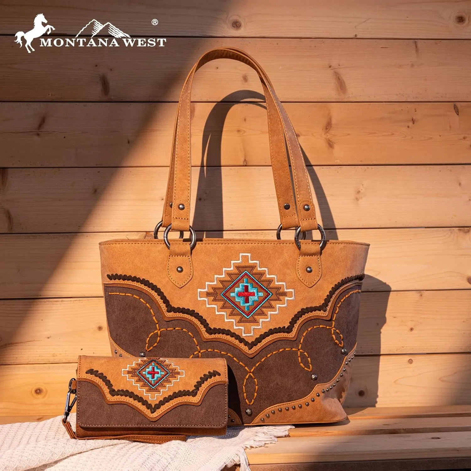 Montana West Aztec Tote Bag for Women Embroidered Western Shoulder Purse and Wallet Set