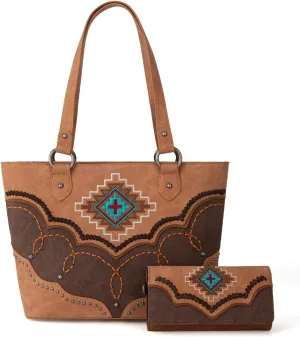 Montana West Aztec Tote Bag for Women Embroidered Western Shoulder Purse and Wallet Set