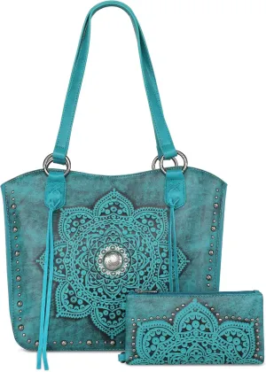 Montana West Western Tooling Tote Bag with Wallet Set for Women Vintage Studded Top Handle Shoulder Handbag