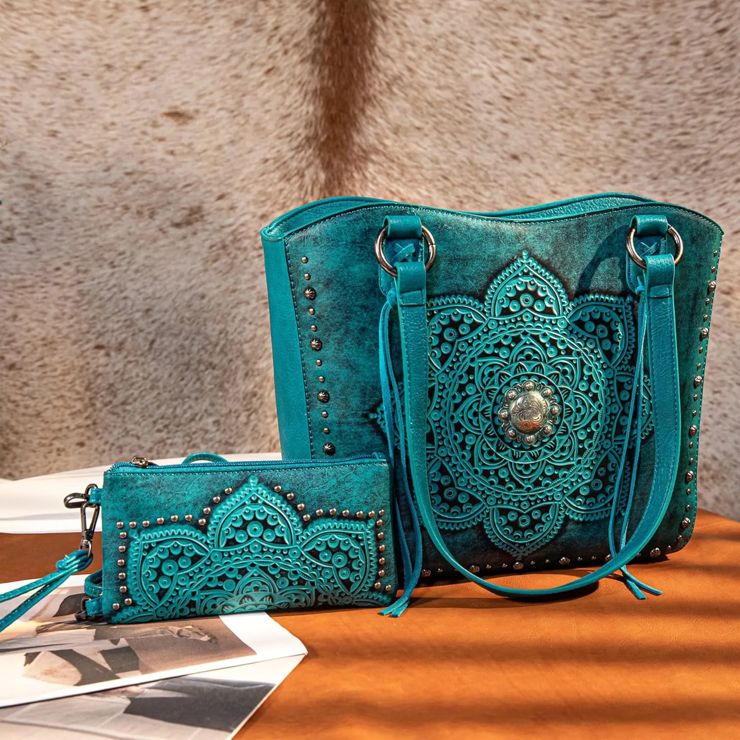 Montana West Western Tooling Tote Bag with Wallet Set for Women Vintage Studded Top Handle Shoulder Handbag