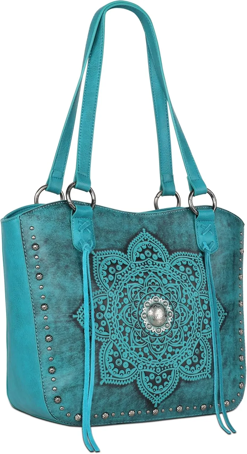 Montana West Western Tooling Tote Bag with Wallet Set for Women Vintage Studded Top Handle Shoulder Handbag