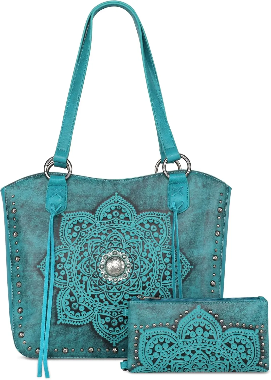 Montana West Western Tooling Tote Bag with Wallet Set for Women Vintage Studded Top Handle Shoulder Handbag