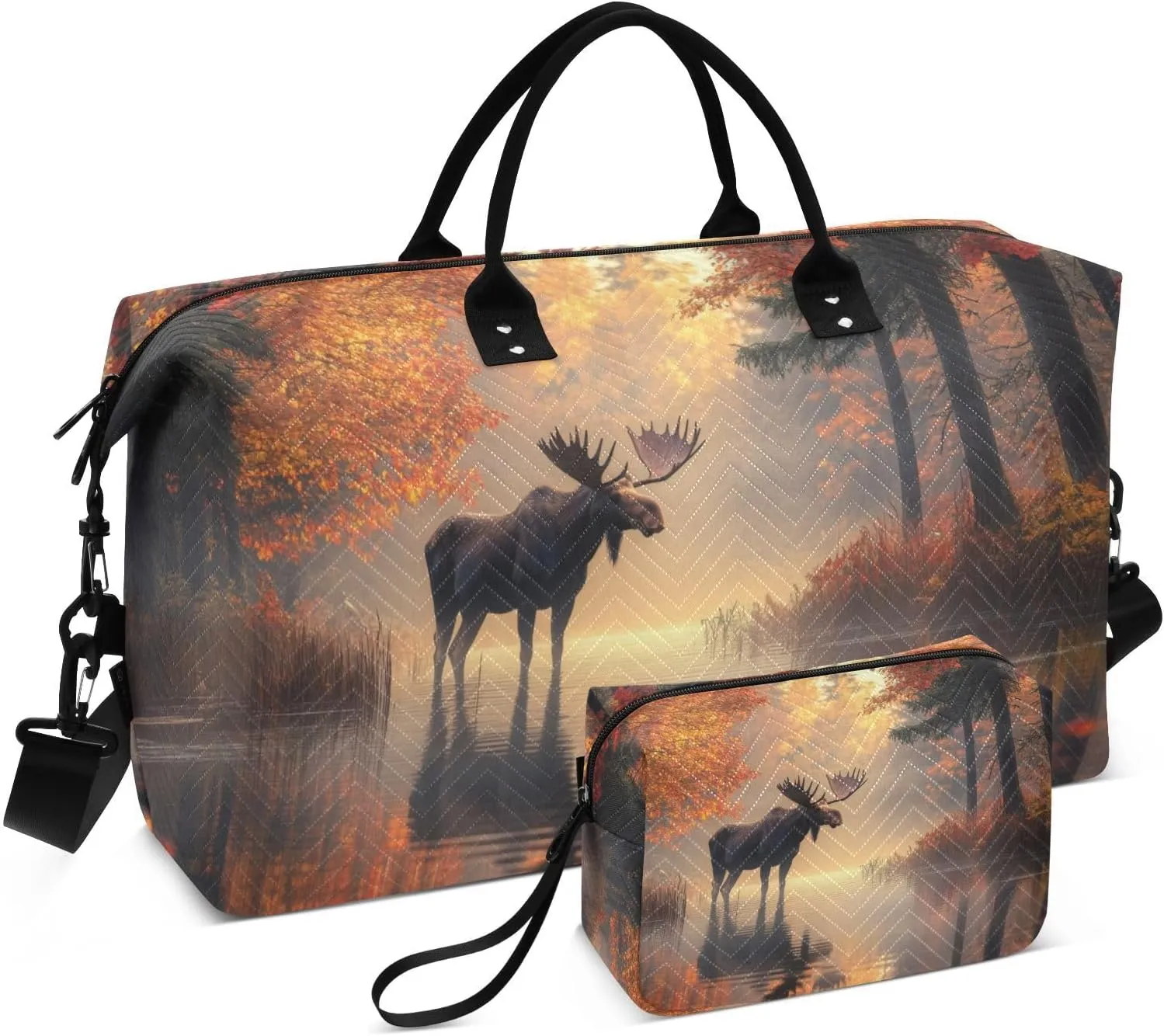Moose Forest Lake Autumn Duffel Bag for Traveling, Travel Bag Gym Bag, with Multiple Interior Pockets Shoulder Weekender Bag for Women Men with Toiletry Bag 20.5L x 1.9W x 13.8H