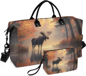 Moose Forest Lake Autumn Duffel Bag for Traveling, Travel Bag Gym Bag, with Multiple Interior Pockets Shoulder Weekender Bag for Women Men with Toiletry Bag 20.5L x 1.9W x 13.8H