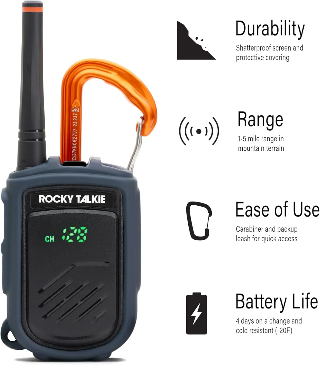 Mountain Radio - Long Range Walkie Talkie, FRS Handheld Radio, 4 Day Battery Life, Max Durability, 1 Pack