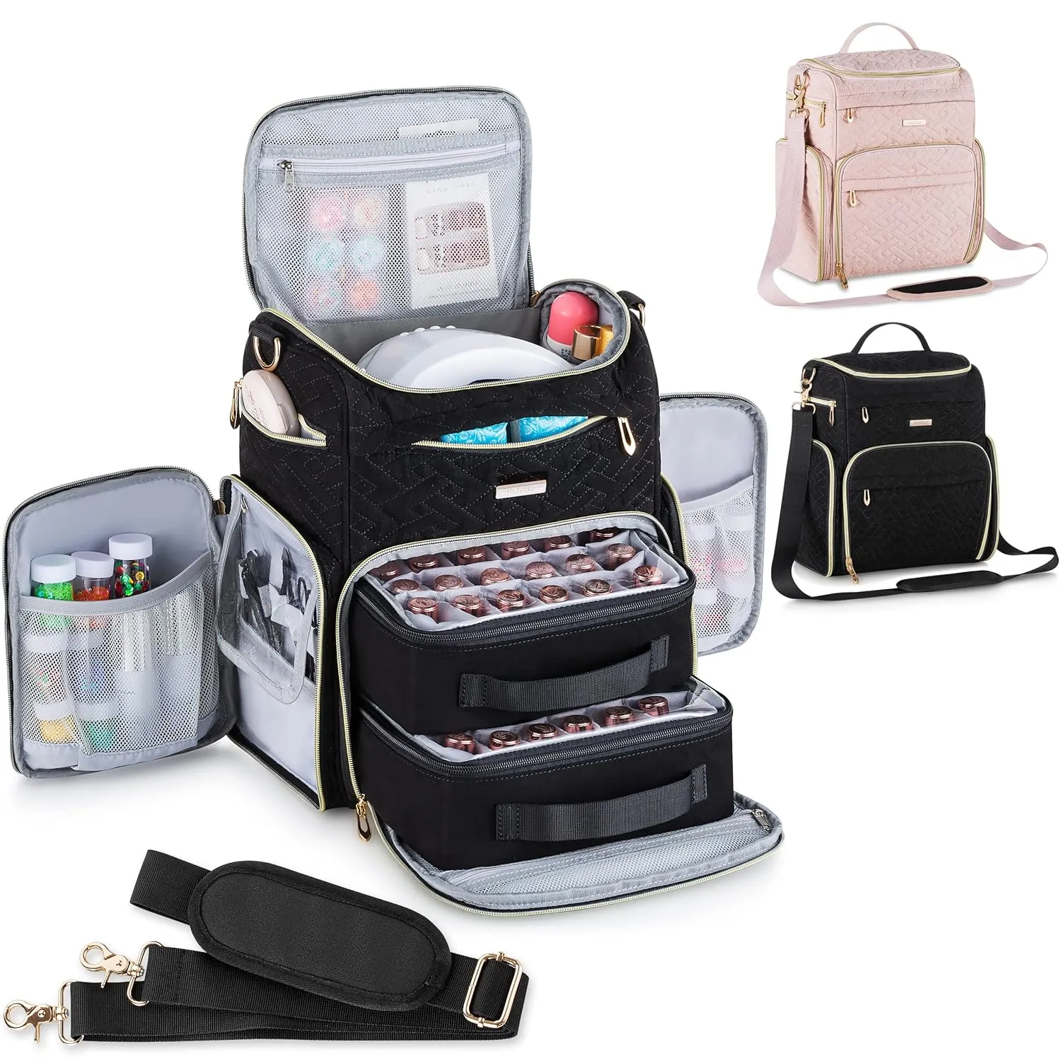 Multi-Pockets Nail Polish Organizer Case with UV Light Storage, Nail Organizers and Storage for Nail Tech with Protective Side Pocket, Gel nail bag organizer Hold 48 Bottle (Black)