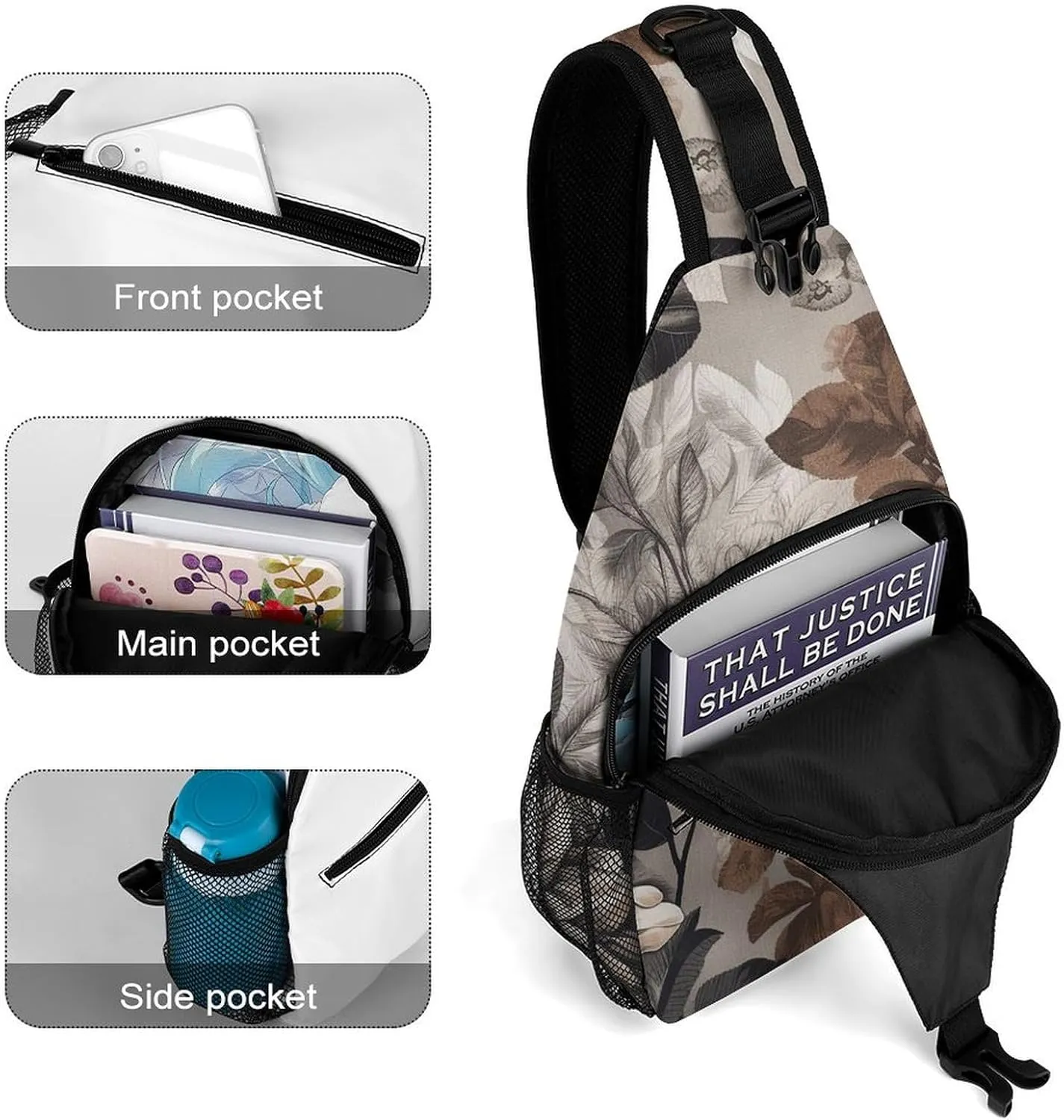 Natural Leaf Pattern Sling Backpack Crossbody Sling Bag Chest Bag Daypack Fanny Pack Cross Body Bag for Outdoors