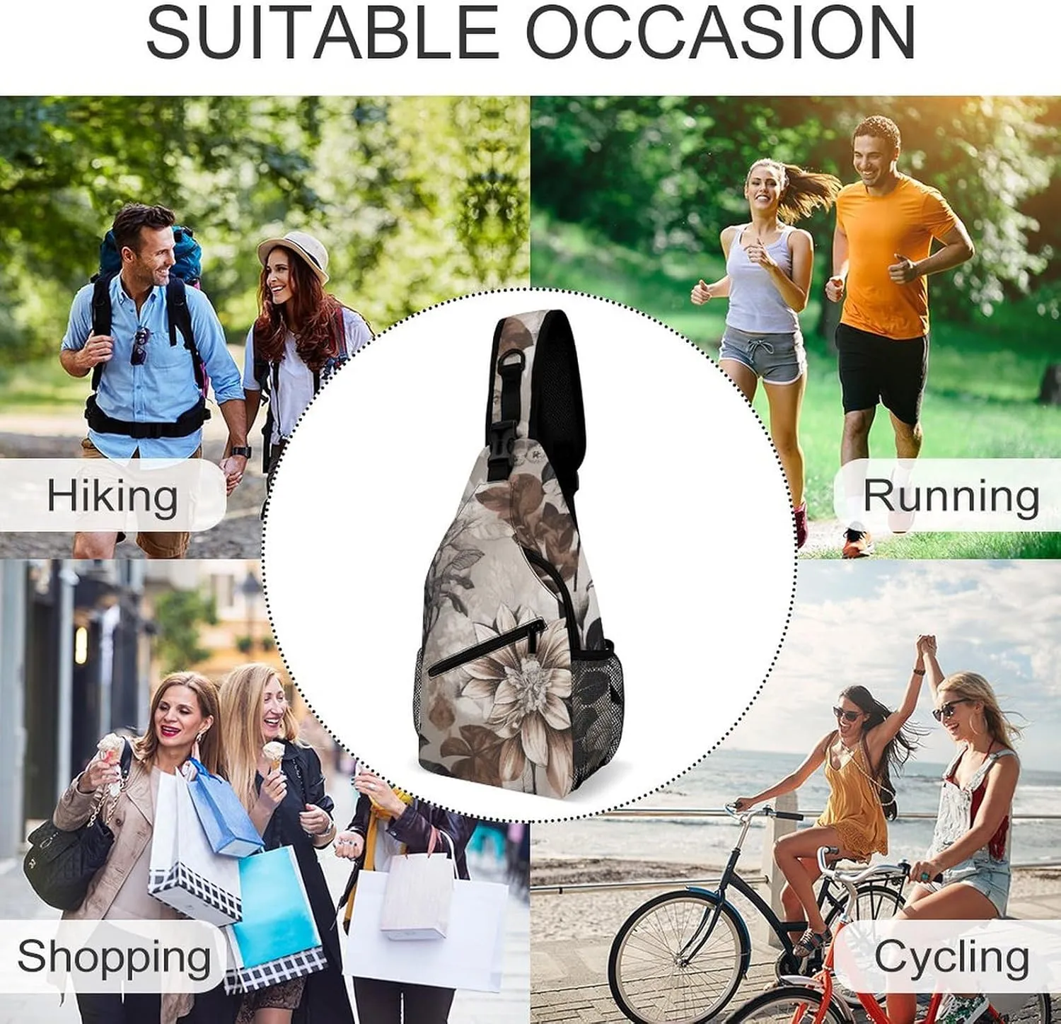 Natural Leaf Pattern Sling Backpack Crossbody Sling Bag Chest Bag Daypack Fanny Pack Cross Body Bag for Outdoors