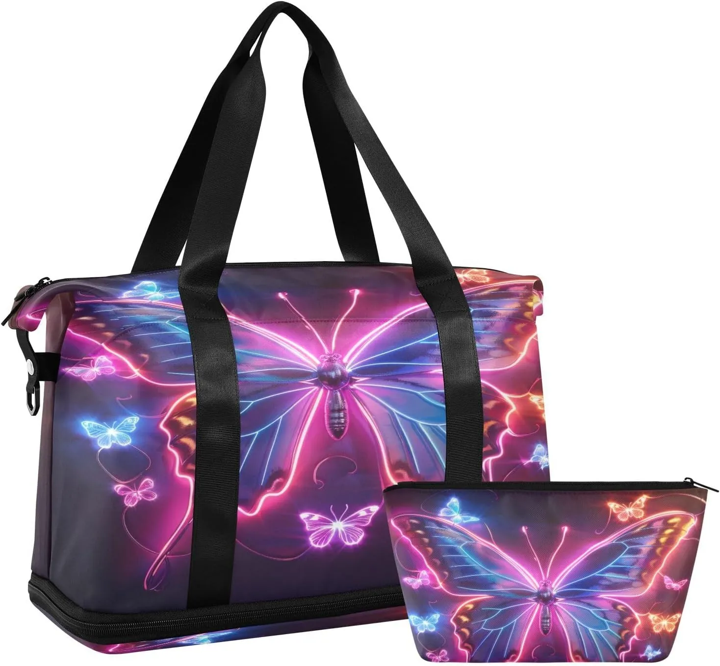 Neon Butterfly Duffel Bag Lightweight Carry On Gym Bags for Travel and Weekends, Versatile Overnight Bag with Shoe Compartment