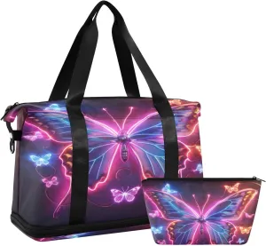 Neon Butterfly Duffel Bag Lightweight Carry On Gym Bags for Travel and Weekends, Versatile Overnight Bag with Shoe Compartment