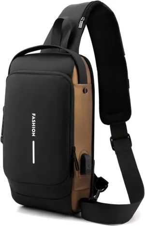 New Carbon Fiber Streamline Anti-Theft Sling Bag,USB charging port Sport Waterproof Shoulder Bag, for Travel Gym Sports (black gold)