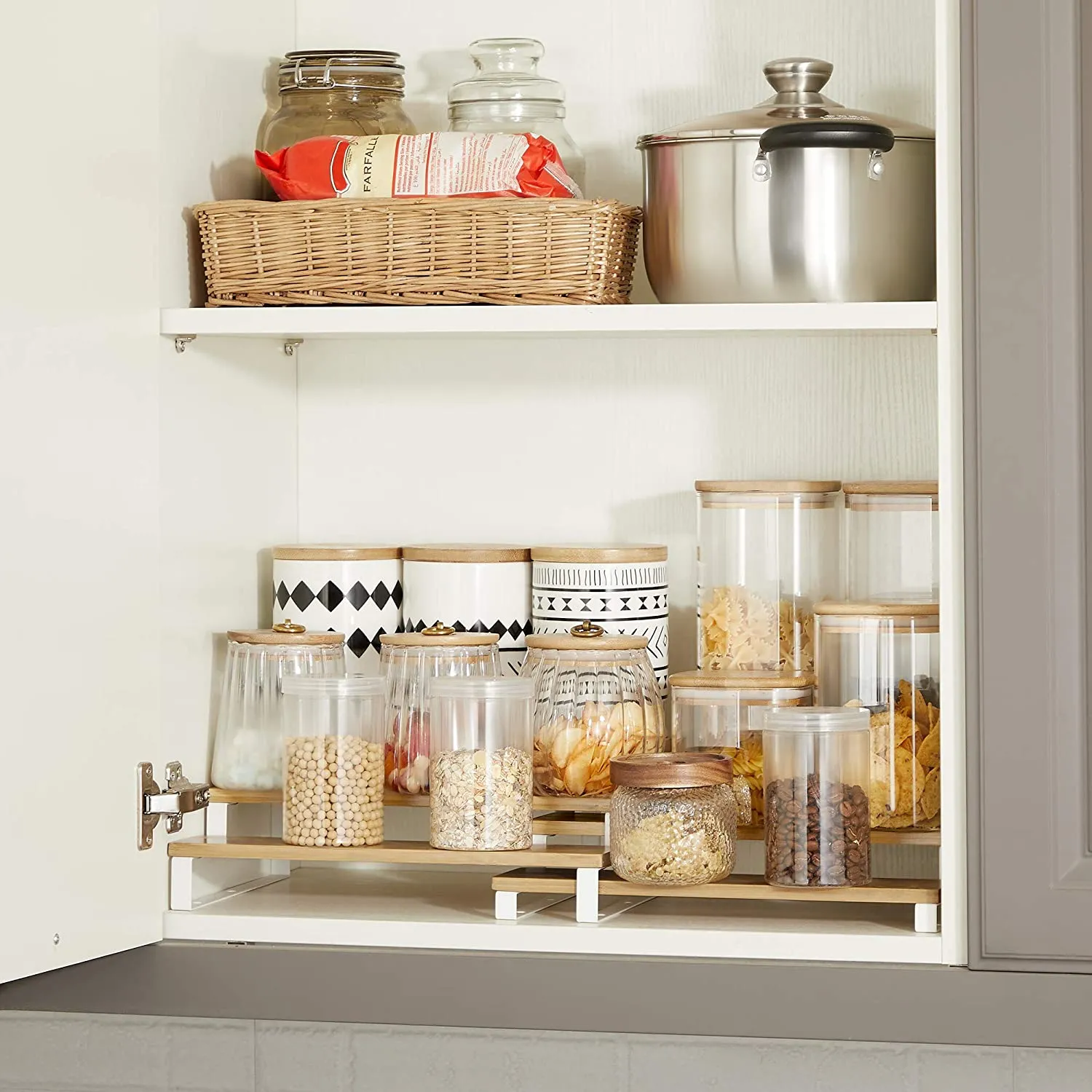 New SONGMICS Set of 2 Cabinet Shelf Organizers, great as a 3-Tier Extendable Spice Holder, Bamboo, Stackable, for Pantry, Cupboard, Countertop, Natural and White, Spices Not included!