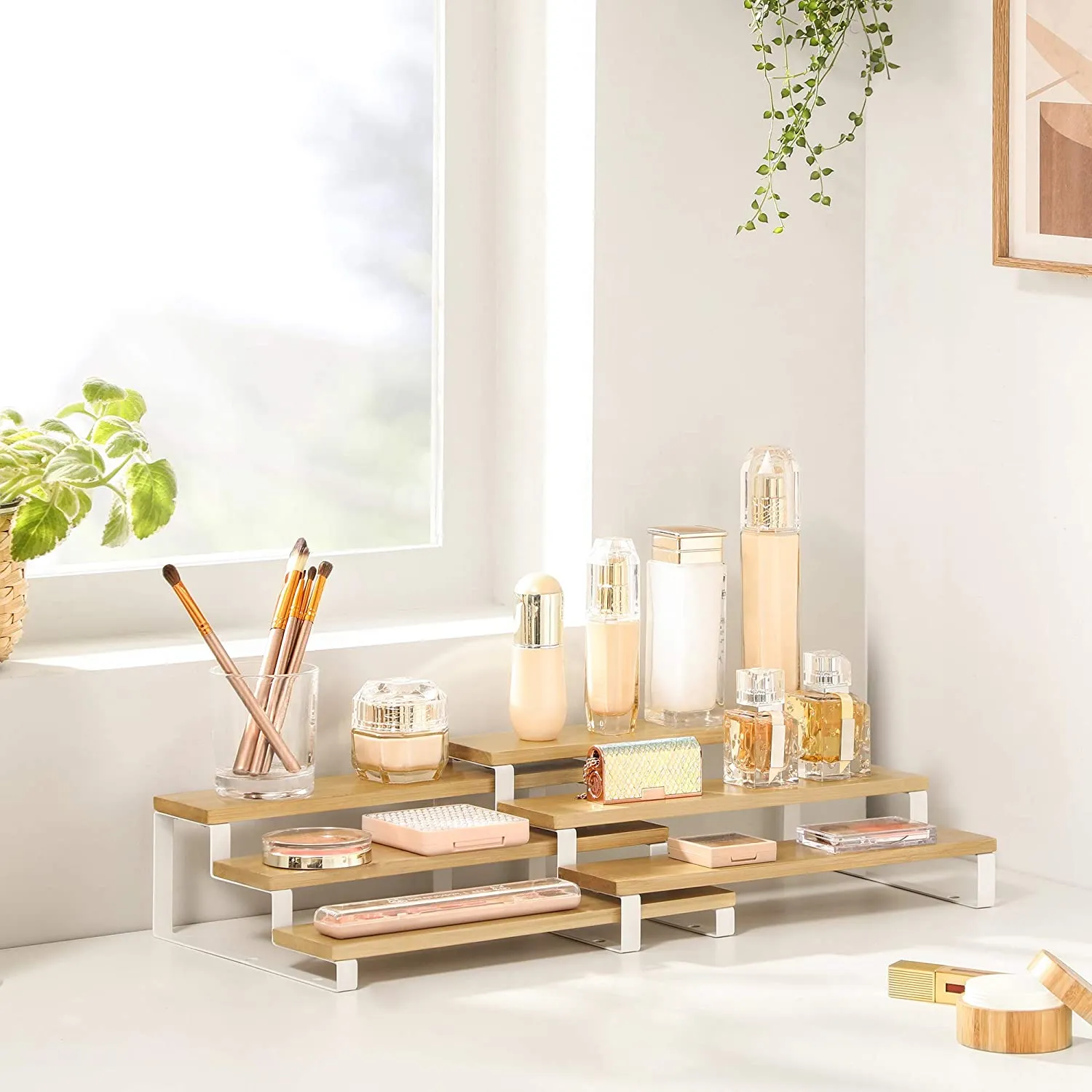 New SONGMICS Set of 2 Cabinet Shelf Organizers, great as a 3-Tier Extendable Spice Holder, Bamboo, Stackable, for Pantry, Cupboard, Countertop, Natural and White, Spices Not included!