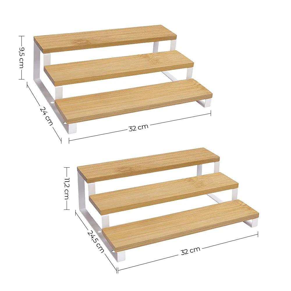 New SONGMICS Set of 2 Cabinet Shelf Organizers, great as a 3-Tier Extendable Spice Holder, Bamboo, Stackable, for Pantry, Cupboard, Countertop, Natural and White, Spices Not included!