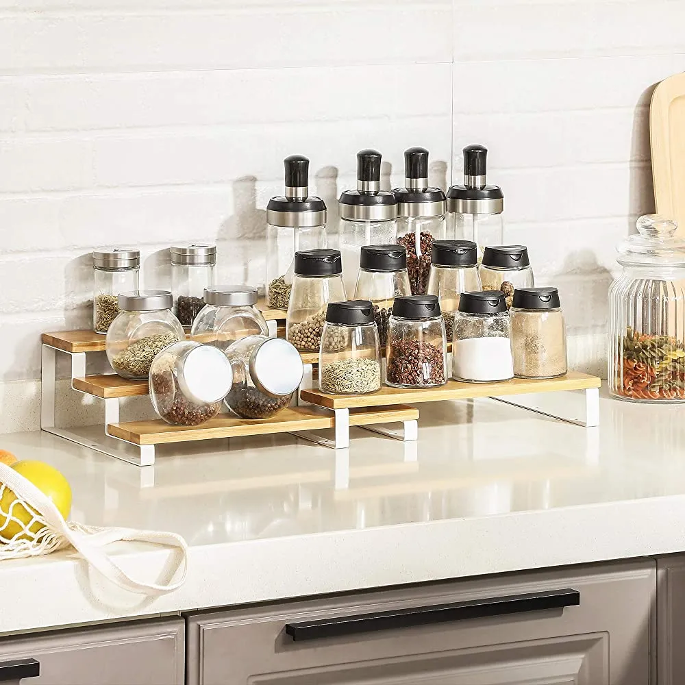 New SONGMICS Set of 2 Cabinet Shelf Organizers, great as a 3-Tier Extendable Spice Holder, Bamboo, Stackable, for Pantry, Cupboard, Countertop, Natural and White, Spices Not included!