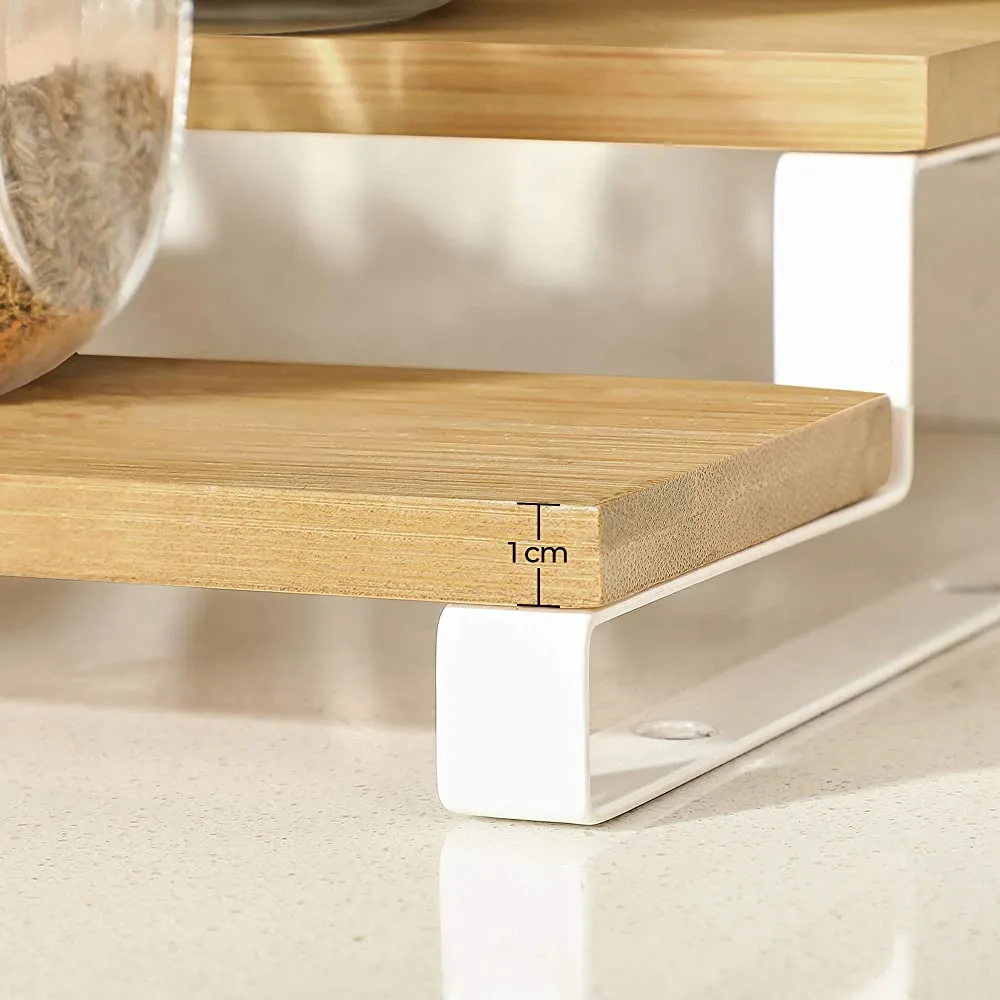New SONGMICS Set of 2 Cabinet Shelf Organizers, great as a 3-Tier Extendable Spice Holder, Bamboo, Stackable, for Pantry, Cupboard, Countertop, Natural and White, Spices Not included!