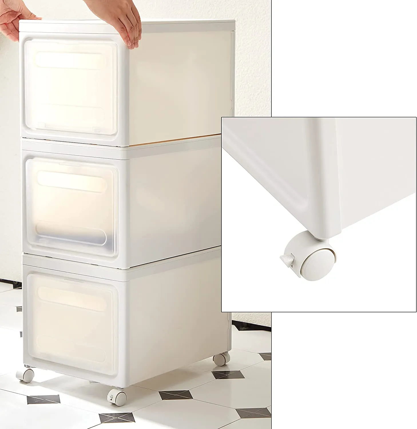 New SONGMICS Set of 4 Stackable Containers with Lids, 30 L, Clear Storage Boxes Made of Polypropylene Plastic, 4 Drawer Trolley, 15.7 x 11.8 x 9.8 inches, White