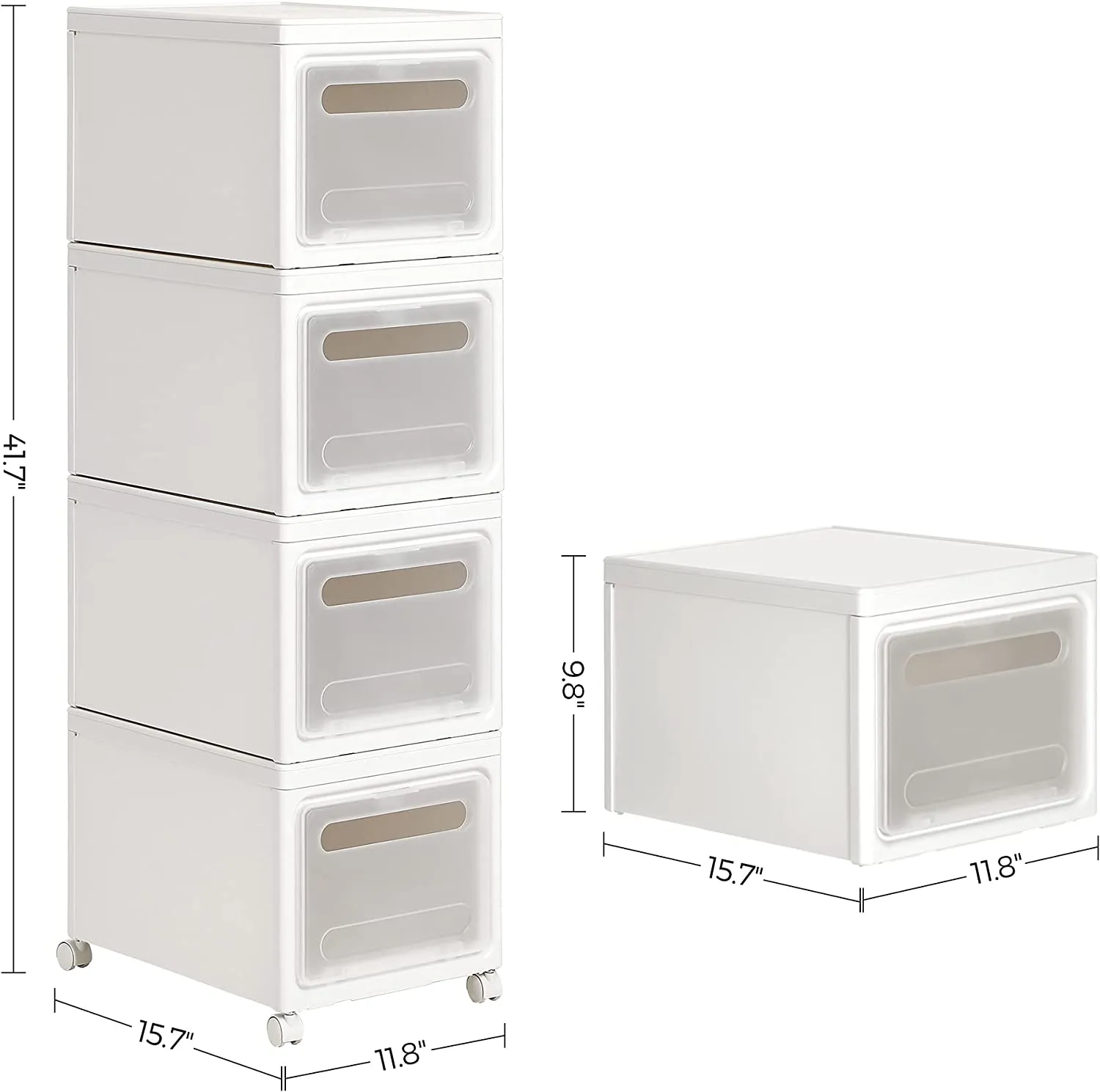 New SONGMICS Set of 4 Stackable Containers with Lids, 30 L, Clear Storage Boxes Made of Polypropylene Plastic, 4 Drawer Trolley, 15.7 x 11.8 x 9.8 inches, White