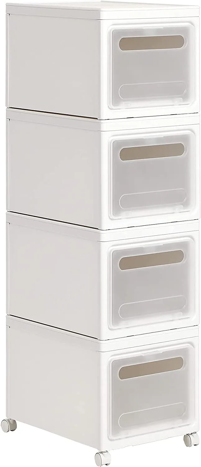 New SONGMICS Set of 4 Stackable Containers with Lids, 30 L, Clear Storage Boxes Made of Polypropylene Plastic, 4 Drawer Trolley, 15.7 x 11.8 x 9.8 inches, White