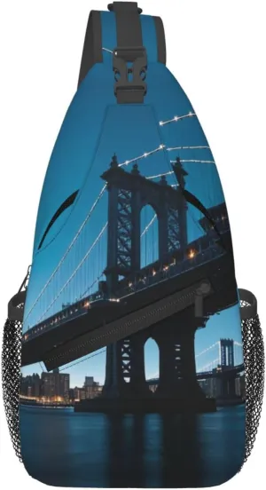 New York Manhattan Bridge Night Print Men's and Women's Crossbody Bags, Casual and Fashionable Single Shoulder Backpacks,Suitable for Hiking Chest Bags