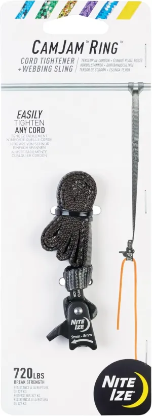 Nite Ize CamJam Ring Cord Tightener & 12" Webbing Sling - Features Pull-to-Tighten Lock & Quick-Release Lever - 240 lb Working Load Limit & 720 lb Break Strength - Fits Cords 2–5mm - Small