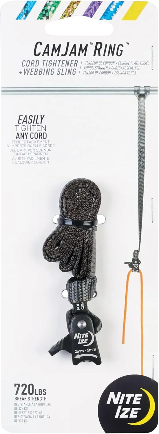 Nite Ize CamJam Ring Cord Tightener & 12" Webbing Sling - Features Pull-to-Tighten Lock & Quick-Release Lever - 240 lb Working Load Limit & 720 lb Break Strength - Fits Cords 2–5mm - Small