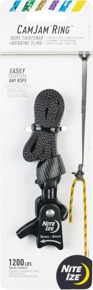 Nite Ize CamJam Ring Ring Tightener & 18" Webbing Sling - Features Pull-to-Tighten Lock & Quick-Release Lever - 400 lb Working Load Limit & 1200 lb Break Strength - Fits Ropes 3–9mm - Large