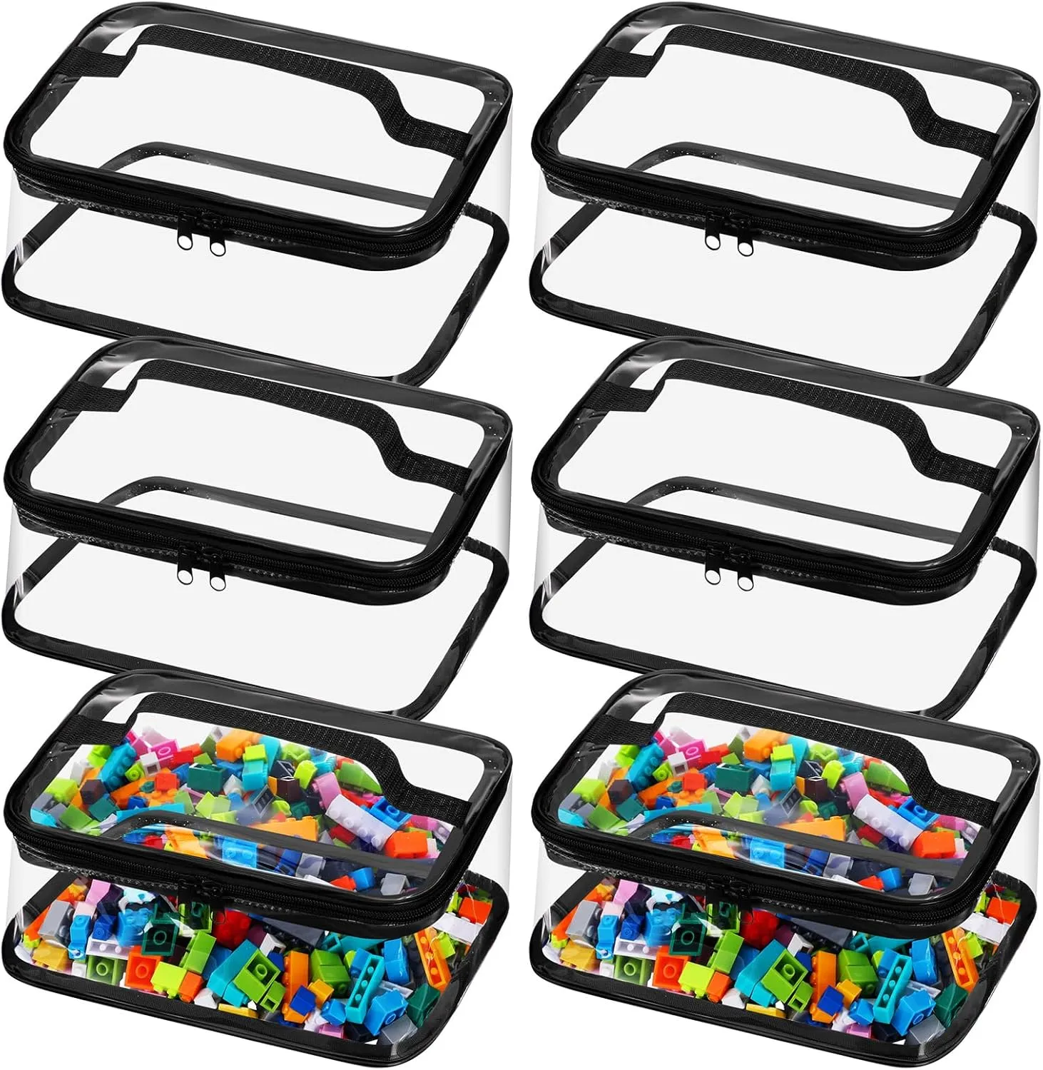 Nitial 6 Packs Clear Toy Storage Bags PVC Organizing Toys Bags with Zipper for Kids Building Blocks Board Games Christmas Valentines Birthday Gift(Black)