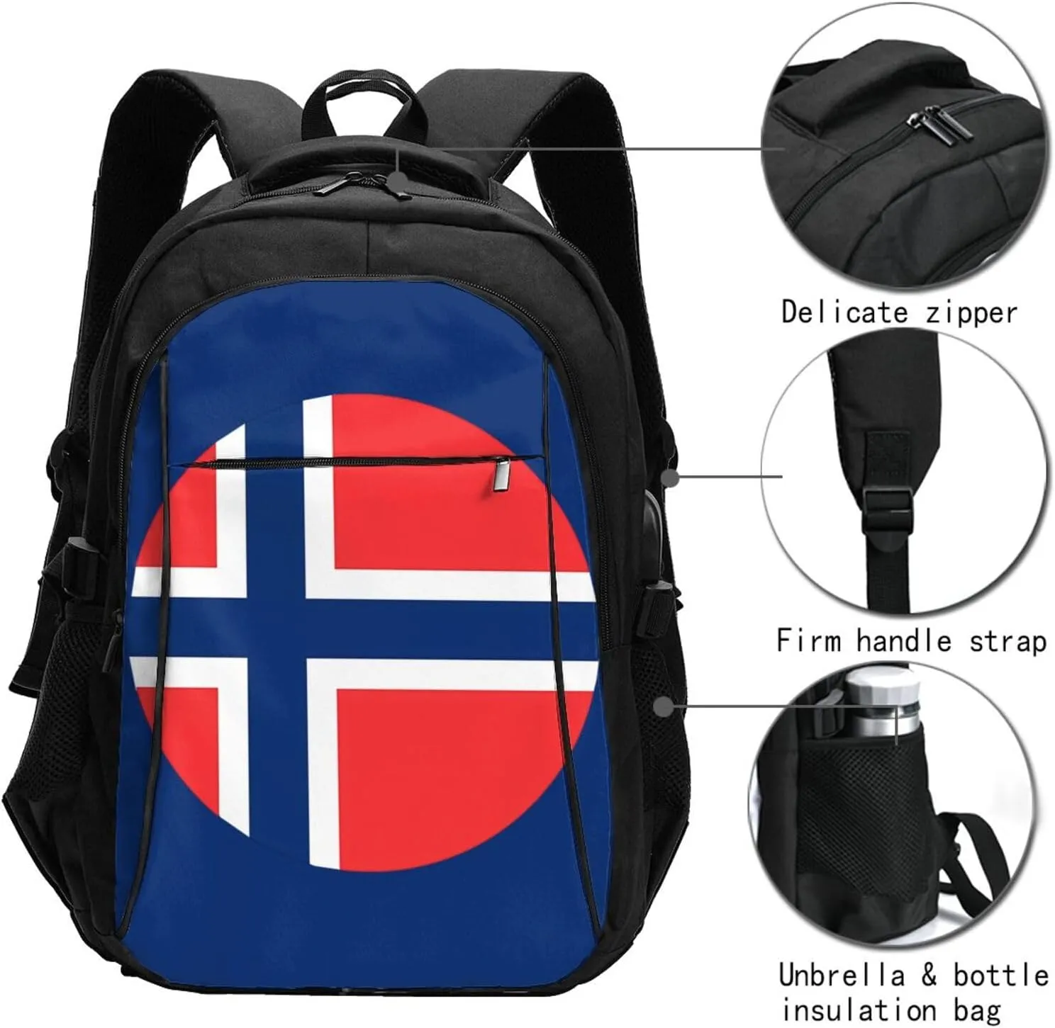 Norway Norwegian Flag Round Business Laptop Backpack Travel Backpacks Outdoor Rucksack Large Bag Daypack with USB Charging Port Multi-Pocket for Hiking Camping