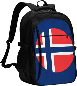 Norway Norwegian Flag Round Business Laptop Backpack Travel Backpacks Outdoor Rucksack Large Bag Daypack with USB Charging Port Multi-Pocket for Hiking Camping