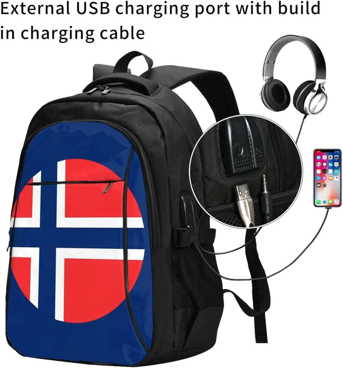 Norway Norwegian Flag Round Business Laptop Backpack Travel Backpacks Outdoor Rucksack Large Bag Daypack with USB Charging Port Multi-Pocket for Hiking Camping