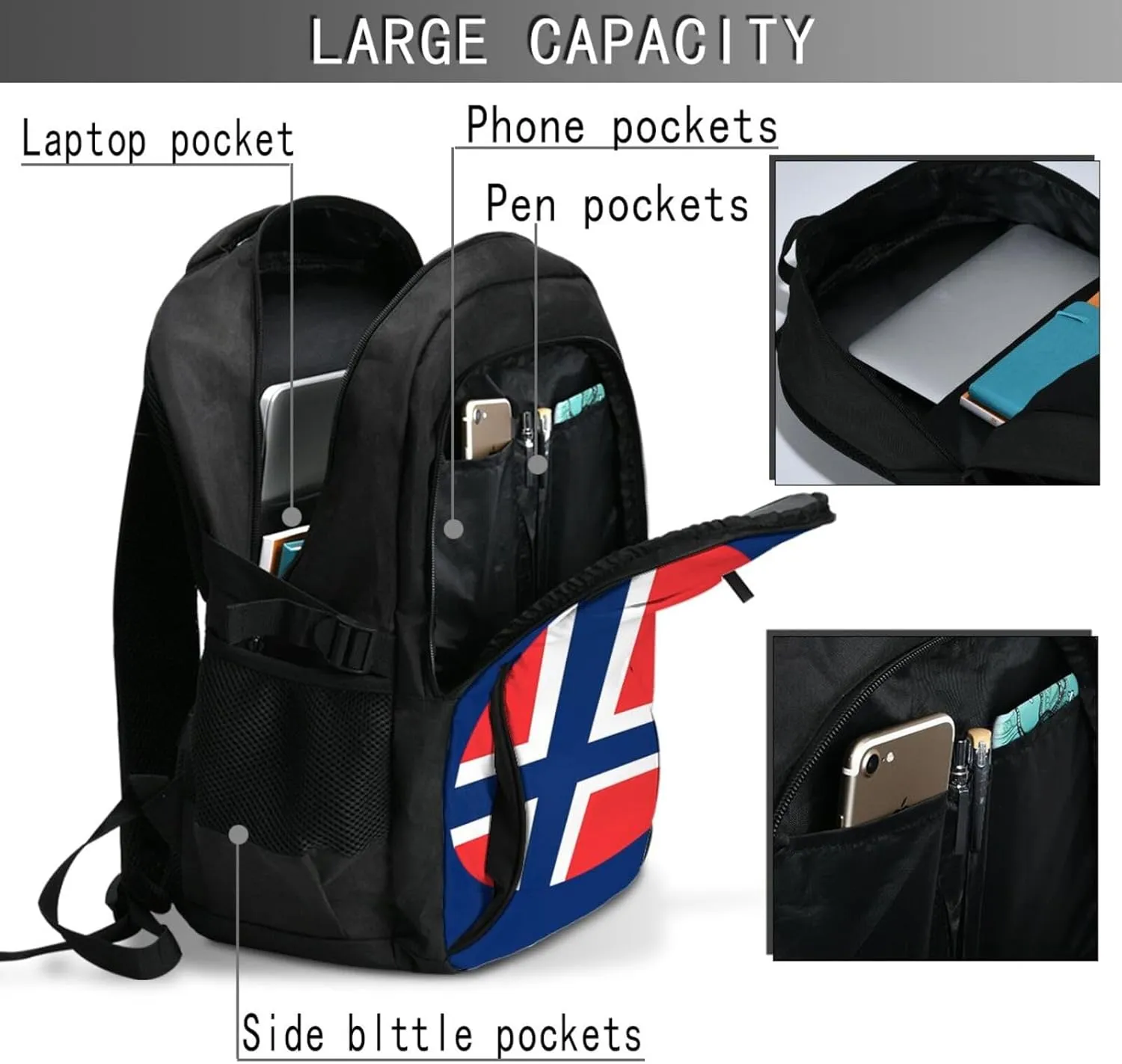 Norway Norwegian Flag Round Business Laptop Backpack Travel Backpacks Outdoor Rucksack Large Bag Daypack with USB Charging Port Multi-Pocket for Hiking Camping