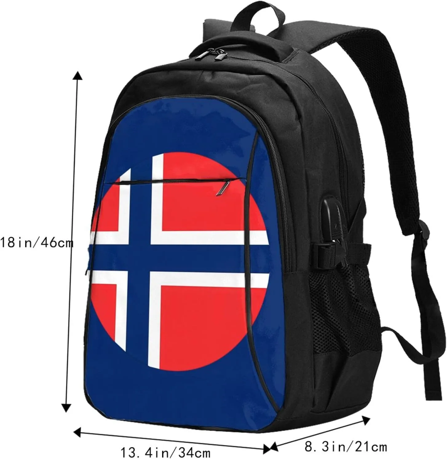 Norway Norwegian Flag Round Business Laptop Backpack Travel Backpacks Outdoor Rucksack Large Bag Daypack with USB Charging Port Multi-Pocket for Hiking Camping