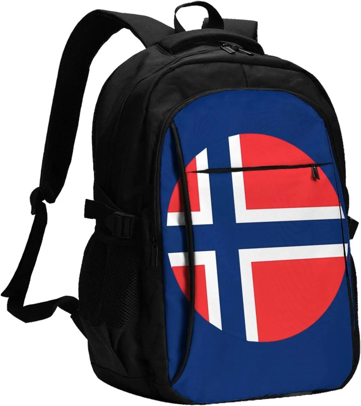Norway Norwegian Flag Round Business Laptop Backpack Travel Backpacks Outdoor Rucksack Large Bag Daypack with USB Charging Port Multi-Pocket for Hiking Camping