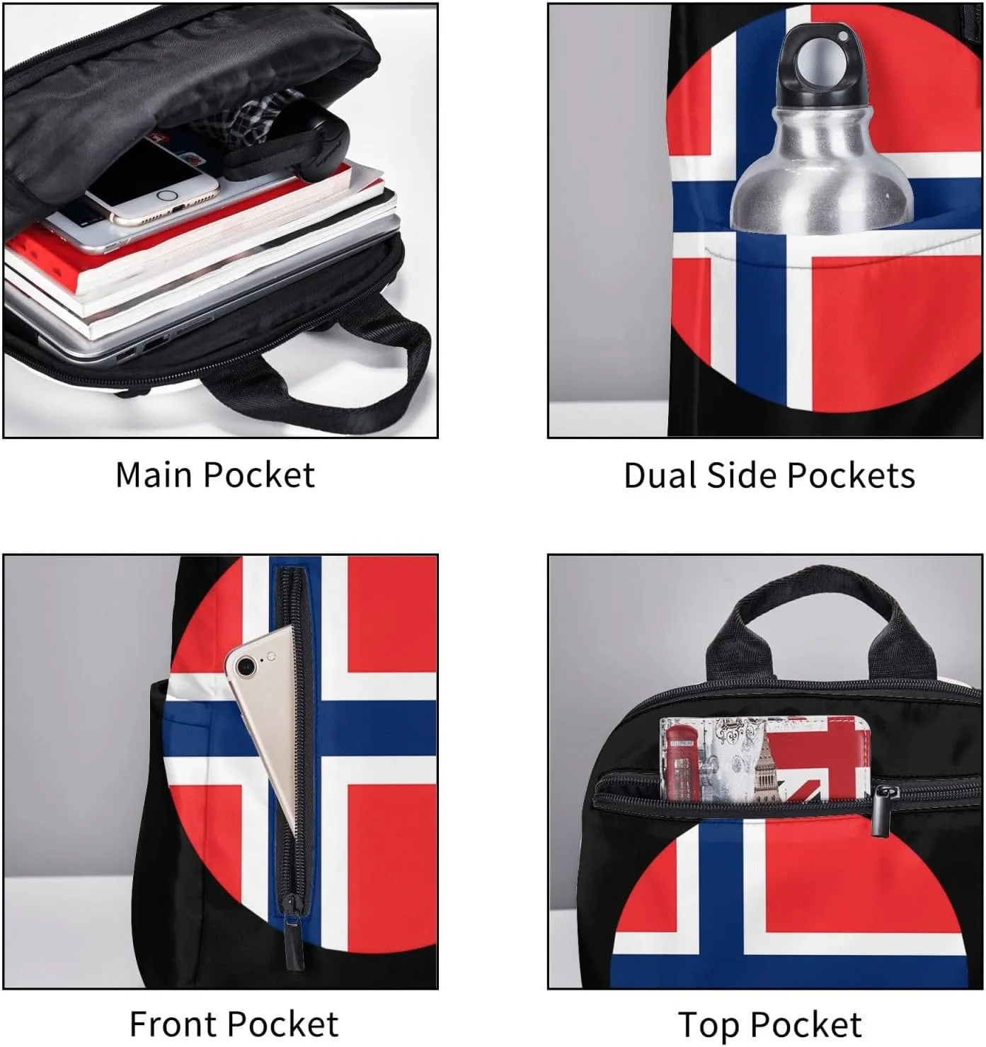 Norway Norwegian Flag Round Casual Laptop Backpack Travel Rucksack Sports Daypack Adjustable Strap Bags with Multi-Pockets for Working Running Camping