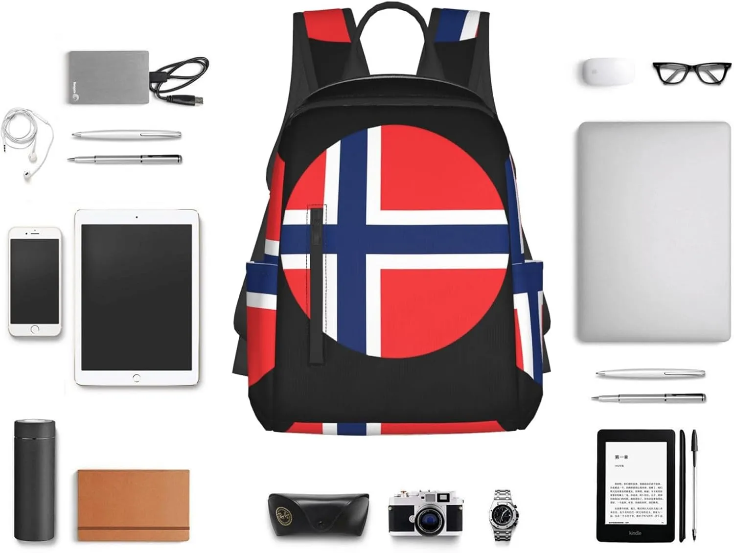 Norway Norwegian Flag Round Casual Laptop Backpack Travel Rucksack Sports Daypack Adjustable Strap Bags with Multi-Pockets for Working Running Camping