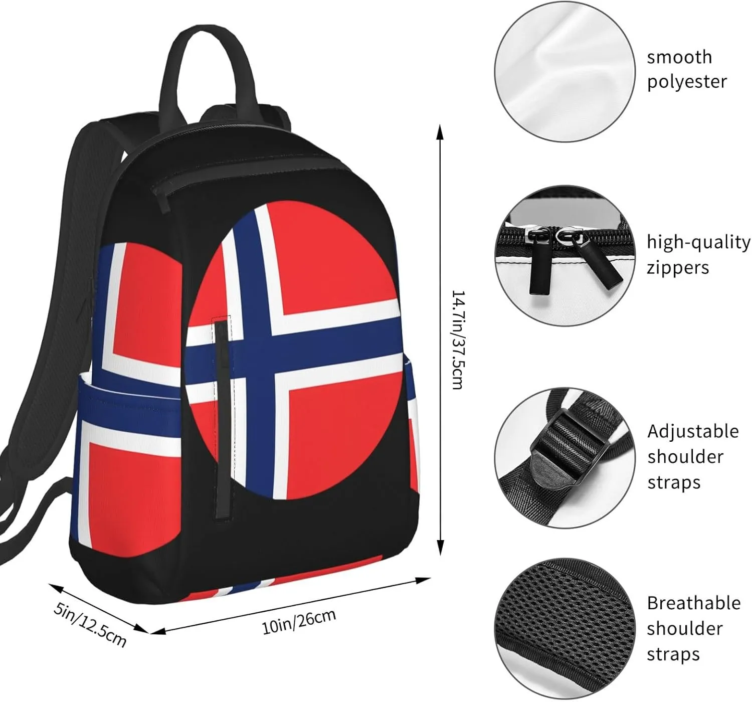 Norway Norwegian Flag Round Casual Laptop Backpack Travel Rucksack Sports Daypack Adjustable Strap Bags with Multi-Pockets for Working Running Camping
