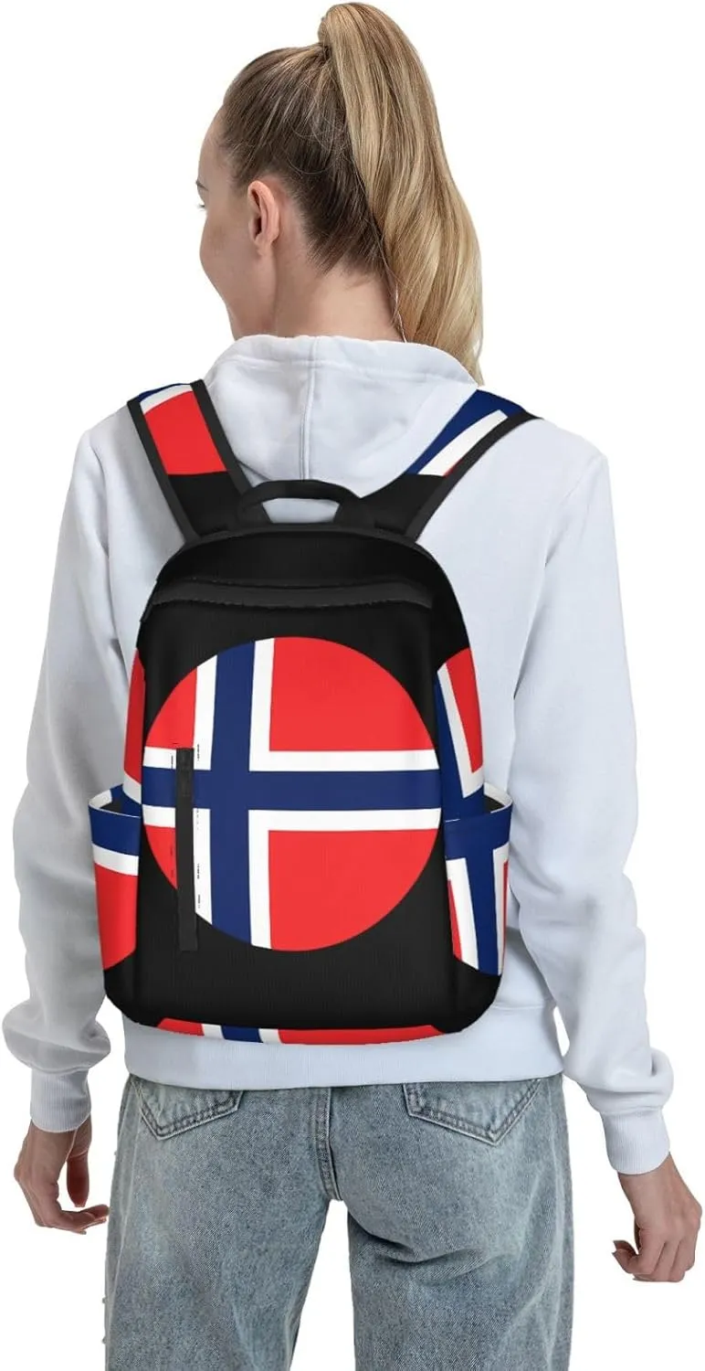 Norway Norwegian Flag Round Casual Laptop Backpack Travel Rucksack Sports Daypack Adjustable Strap Bags with Multi-Pockets for Working Running Camping
