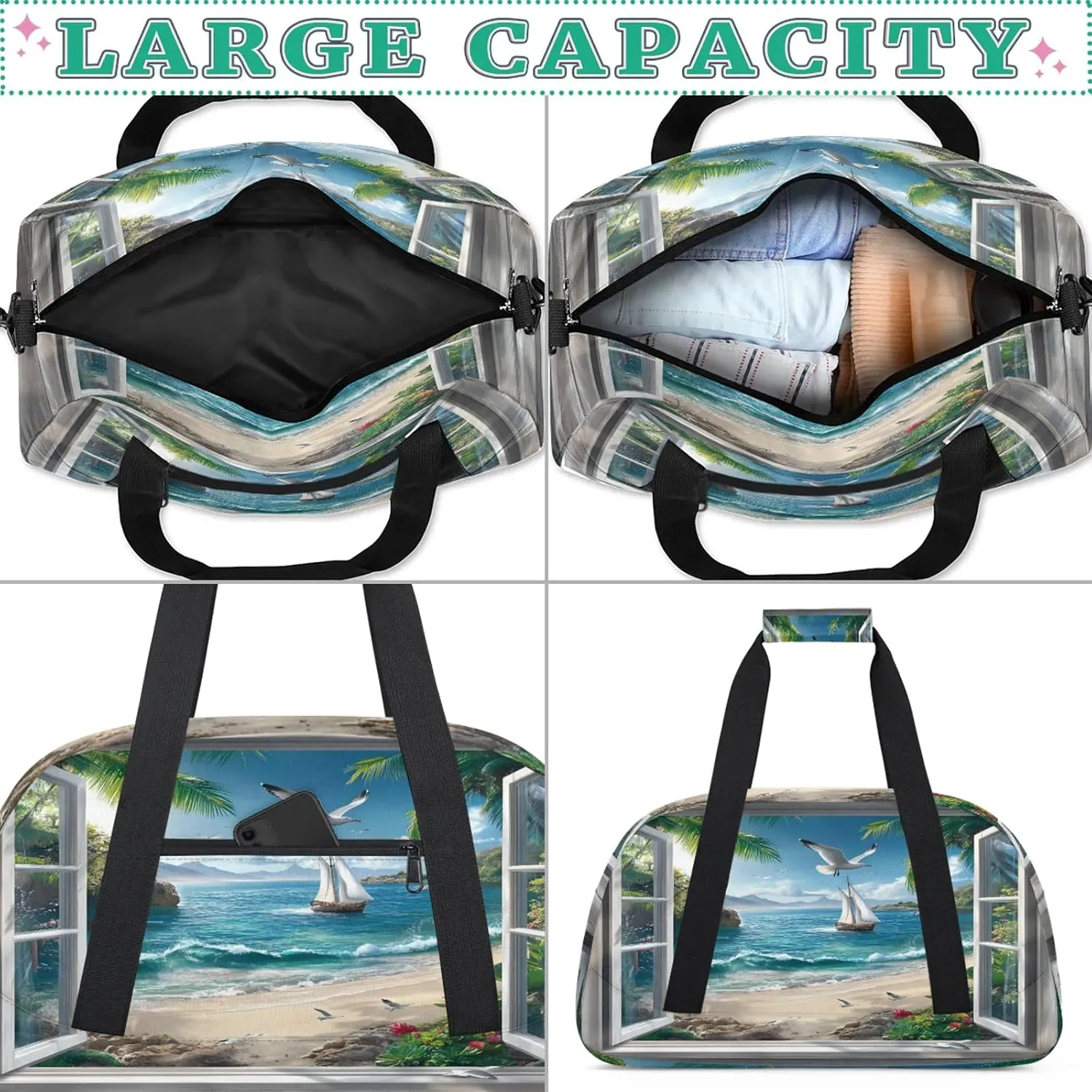 Ocean Beach Sports Duffle Gym Bags for Men or Women, Summer Theme Lightweight Carry On Overnight Weekender Bag for Travel Workout