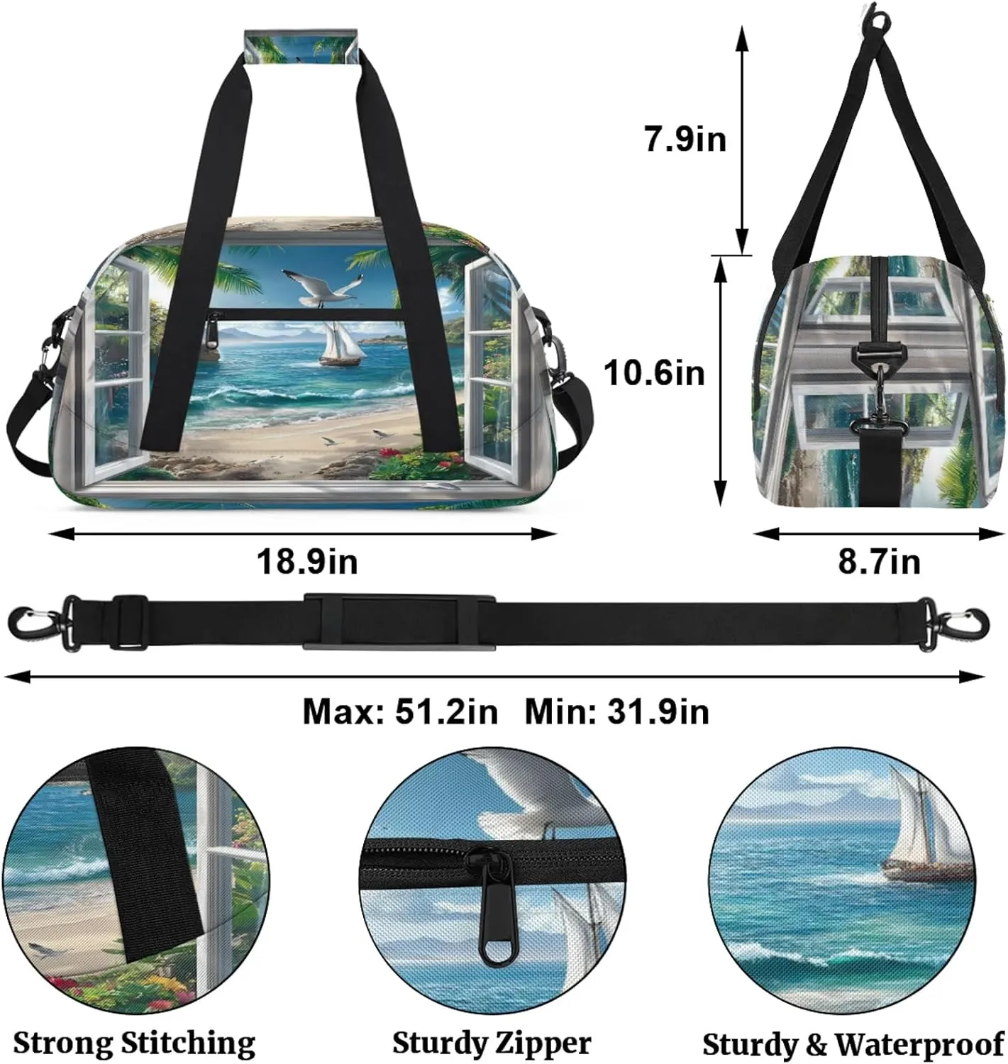 Ocean Beach Sports Duffle Gym Bags for Men or Women, Summer Theme Lightweight Carry On Overnight Weekender Bag for Travel Workout