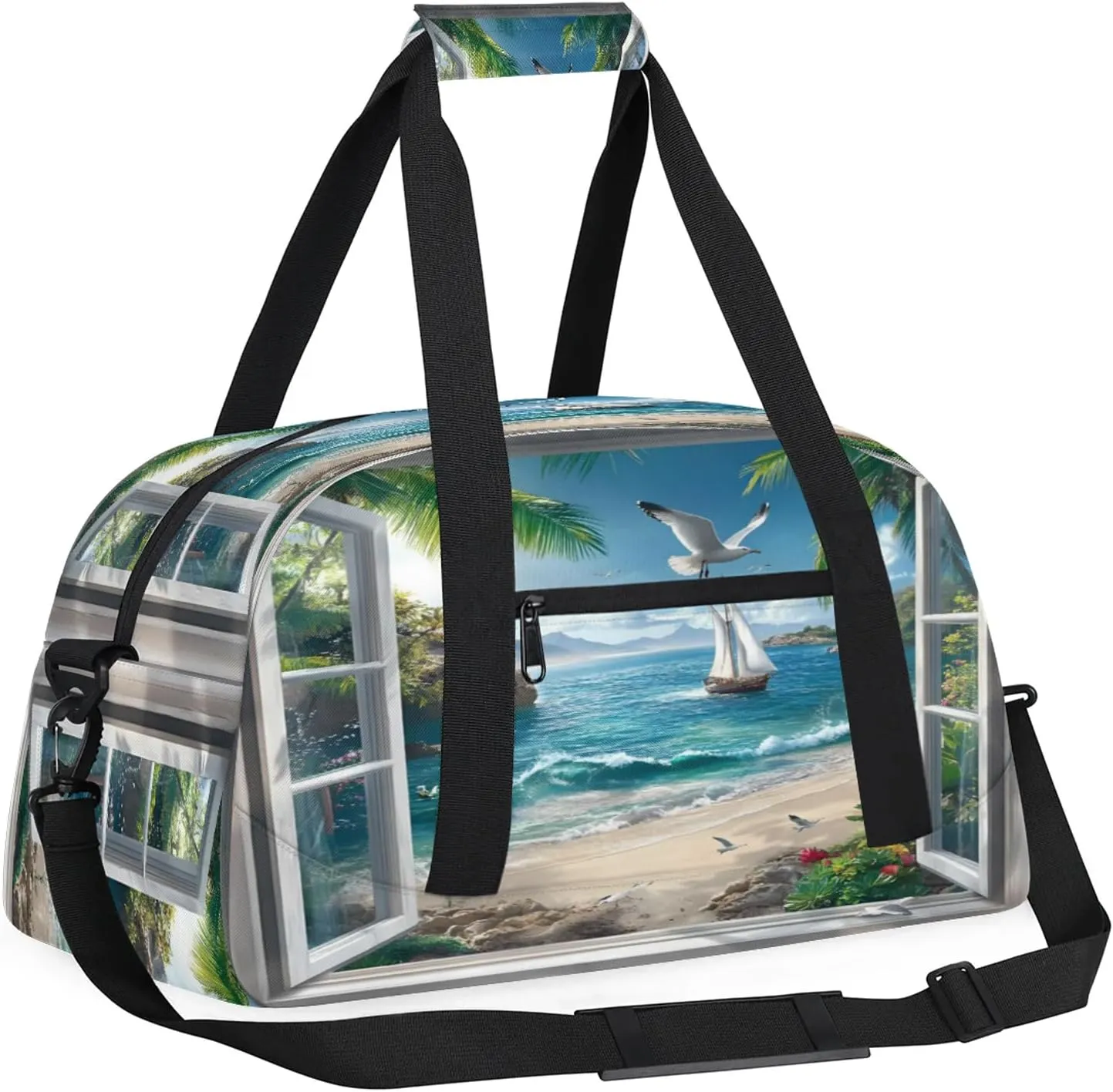 Ocean Beach Sports Duffle Gym Bags for Men or Women, Summer Theme Lightweight Carry On Overnight Weekender Bag for Travel Workout