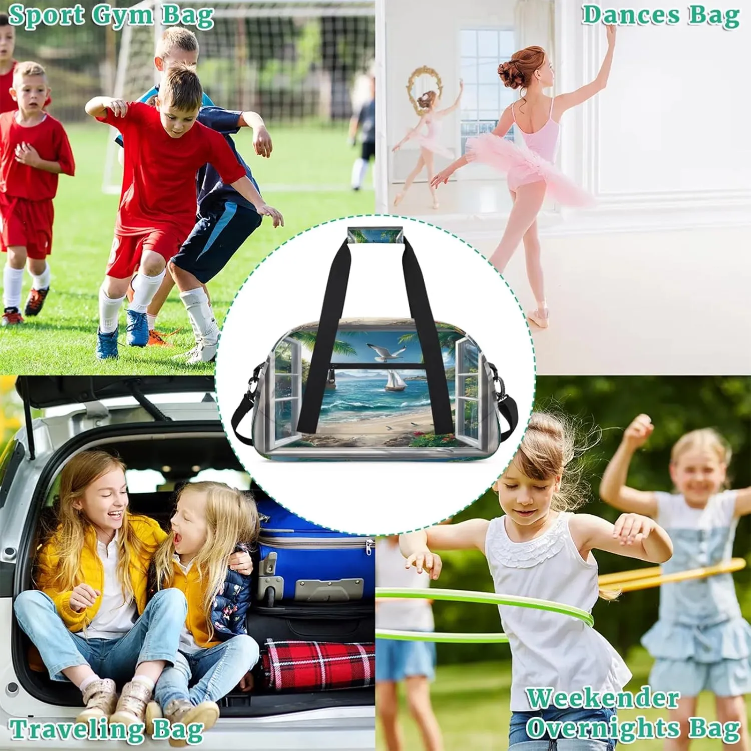 Ocean Beach Sports Duffle Gym Bags for Men or Women, Summer Theme Lightweight Carry On Overnight Weekender Bag for Travel Workout